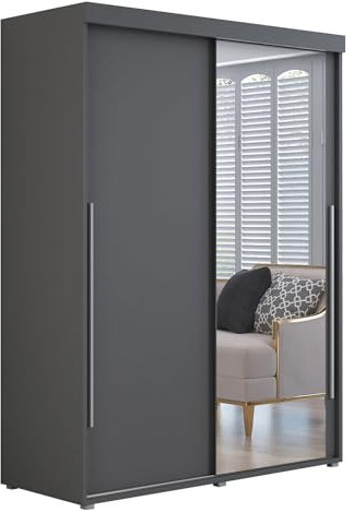 Meble Slupia - Garderobenschrank - Kleiderschrank mit Spiegel und Schiebetüren - 200x202x62cm - Kleider Schrank Schlafzimmer mit Kleiderstange - IGA 01 Anthrazit, Griff Silber