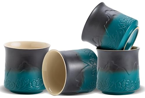 ZENS Japanische Teetassen 4er Set, 240ml Ästhetik geprägte Japan Teetasse für Matcha Tee, Chinesische Teetasse ohne Henkel, Japanische Teetasse Traditionelle, Teeliebhaber Geschenke, Dunkelgrün