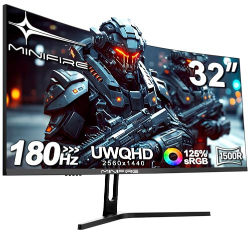 Minifire Monitor Gaming 32 pollici Curvo, PC Monitors Ultrawide WQHD(2560 x 1440), 180Hz, 1Ms, VA (1500R), UltraLarge, 2xHDMI 2.1 (144HZ), DP 1.2 (180Hz), AdaptiveSync, sRGB125%, DCI-P3 90%, Eye Care