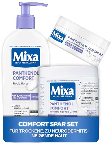 Mixa Panthenol Comfort Set: 3er Pack | Hautberuhigende Creme (400ml) + Body Balsam (250ml) + Gesichtscreme (150ml) | Lindert Trockenheit, Juckreiz, Rötungen & Raue stellen | Für empfindliche Haut
