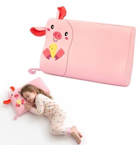 champracer Schlummerkids Kissen, Calmly Kinderkissen, Kinderkopfkissen, Atmungsaktives Ergonomisches Kissen für Jungen und Mädchen mit Niedlichen Tierdesigns (Schwein,50 * 30 cm)