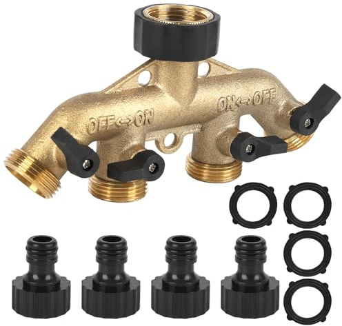 4 Way Solid Brass Tap Connector, Heavy Duty Outdoor Hose Splitter Garden Tap Adaptor Water Pipe Manifold Individual Shut Off/ON Valve for Garden Watering Lawn Maintenance（EU Standard） (#1)