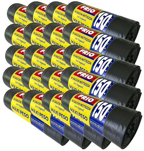 FRIO - 200 bolsas de basura negras grandes, 150 litros, sacos para residuos comunitarios formato ahorro para cubo de reciclaje, con asas de cierre; bolsas de basura 80x120 cm, multicapa, resistentes