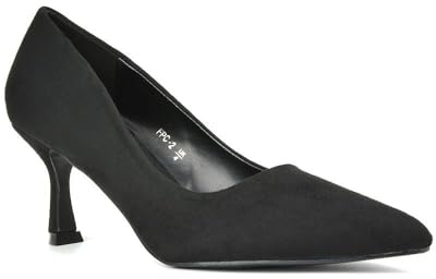 Women's Classic Pointed Toe Court Shoes Ladies Slip On Black Faux Suede Stiletto Office Evening Formal Mid Heel Pumps 4