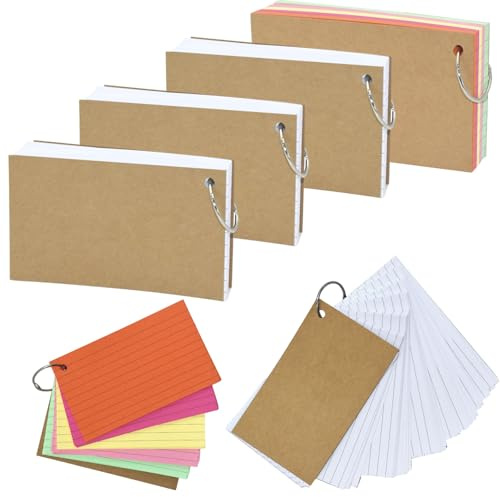 400 Pcs Flash Cards, 300 White Index Cards with Rings, Colored Flashcard | Revision Cards, Flashcards - White, A7(12.7x7.6cm) with 4 Binder Ring, Kraft Paper, for Study Office School