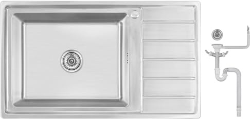 Preero- 86x50X21, R20 Fregadero de cocina, acero inoxidable 304, 1,0MM. XXL cubeta 50x40cm, 1 seno, cuadrado, escurridor derecha