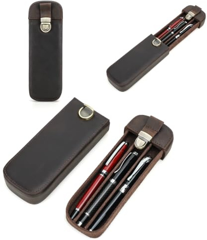 Top‑Grain‑Echtleder Etui für 3 Stifte, minimalistische modische Gestaltung, handgefertigt, Steckverschluss mit Schublade, Geschenk für Männer und Frauen, Bürogebrauch, glänzendes Kaffee, 3 Fächer