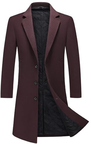 MODFUL Mens Long Wool Trench Coat Padded Knee Length Warm Overcoat Casual Peacoat Slim Fit Outwear (Burgundy, XXL)