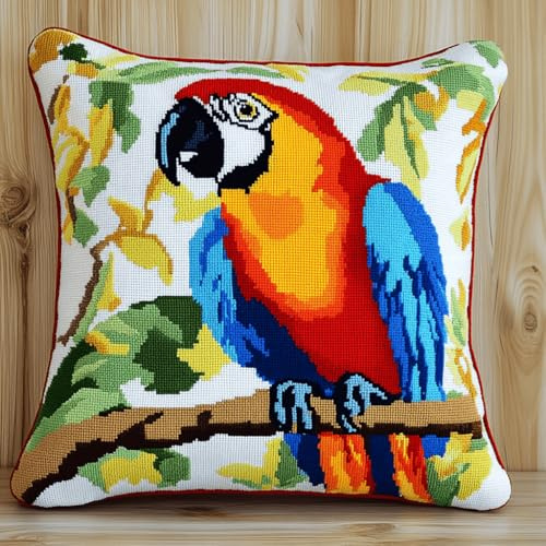 Henypt Kit de Almohadones con Cierre de Gancho Loro Cojines para Bordar a Mano 17x17 Inch 3D Bordado de Bricolaje Cuadrado Funda de Cojín Decoración para Principiantes, Adultos