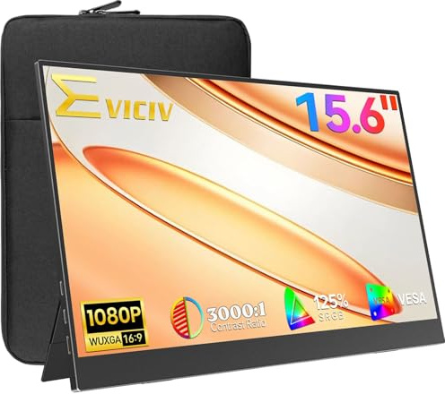 EVICIV Portable Monitor 15.6 1080P, FHD Travel Monitor for Laptop, HDR Portable Screen w/VESA & Kickstand/Case