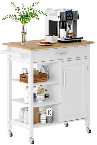 AuraCraft Carrello da cucina con ruote, carrello a rotelle con cassetti, carrello da cucina con piano di lavoro, isola da cucina, in legno (bianco, 87 x 47 x 91,5 cm)