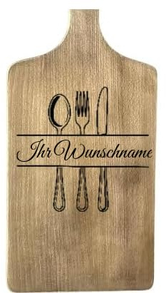 Graviertes Buchenholz Schneidebrett mit Wunschnamen gestalten, für Brot und Küche, Premium Holzbeize behandelt, 40 x 18 x 1,5 cm, Rechteckig mit Griff