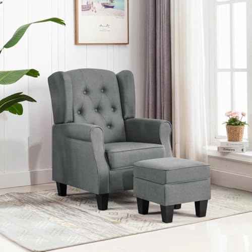 Mimdixy Sessel Jugendzimmer Wohnmöbel,Sessel mit Fußhocker Hellgrau Stoff,Ohrensessel für Wohnzimmer Schlafzimmer Büro