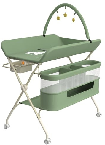 Homewell Table à Langer, Pliable, Plan à Langer avec Tapis d'éveil, Roulettes Verrouillables et Panier de Rangement à Double Couche, Réglable en Hauteur, Meuble pour Bébés, 75 * 68 * 83-91cm (Vert)