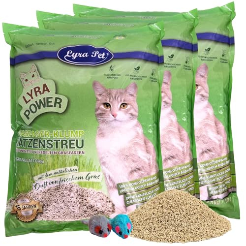 Lyra Pet® 3 x 10 Liter Lyra Power Grasfaser Katzenstreu klumpend + 2 Mäuse | Natürliche, biologisch abbaubare Klumpstreu - 500 % Saugkraft - Auch für empfindliche Katzen - Staubarm für saubere Wohnung