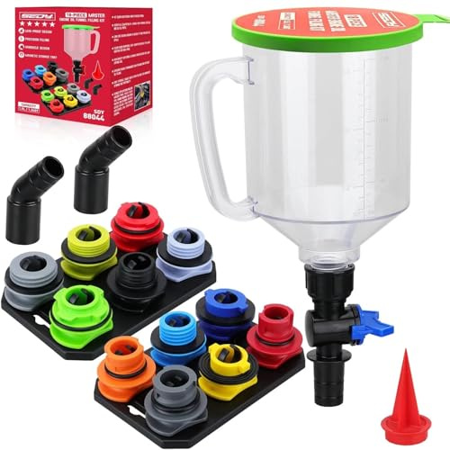 Set per Cambio Olio Motore Auto da 18 Pezzi con Imbuto da 1,5 Litri con Scala Graduata, Rubinetto, 12 Adattatori, 2 Raccordi a Gomito e 2 Vassoi Magnetici