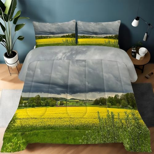 Rapeseed Flowers California King Comforter Set, Forest California King Comforter Luxury Soft Microfiber Fluffy Printing Duvet Insert, Quilt with 2 Pillowcases for Kids and Adults YUa1638