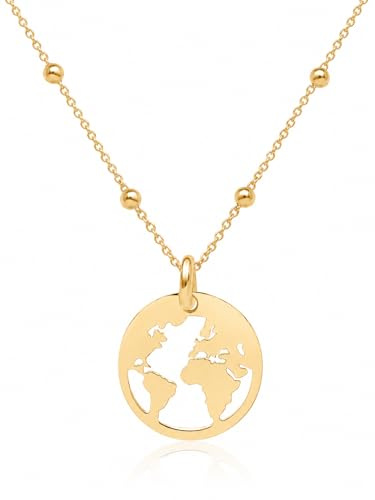 WANDA PLATA Kette Weltkugel für Damen Junges Mädchen Goldkette Echt Silber 925 Vergoldet, Schmuck Weltkugel Wanderlust, Anhänger Weltkarte, Halsband Globus World Welt Kontinente Länder