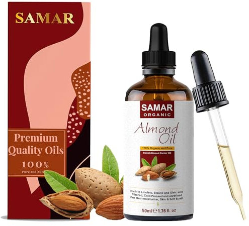 Almond Oil - Premium Quality 100% Pure and Certified Organic Sweet Almond Oil, Cold Pressed, Unrefined, Non-GMO. Ideal for Natural Hair Growth, Face Moisturizer, Makeup Remover and Body Massage 50ml