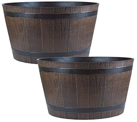 Homestead Brown Half Barrel Cask Planter - Large, Set of 2 Pots - 22cm (H) x 40cm (Dia) - Suitable for Indoor or Outdoor Use.