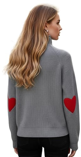 CHICWISH Bequemer lässiger Damen-Pullover, langärmelig, Herzform, Patch, grau/weiß/marineblau, Strickpullover, GRAU, Small-Medium