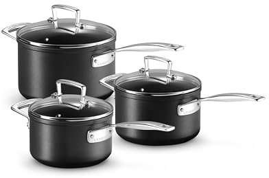 Le Creuset Set de cazos de aluminio antiadherente, 3 piezas, diámetro 16, 18 y 20 cm, para todas las fuentes de calor, incluso la inducción, Antracita/Plateado, 51803000010002