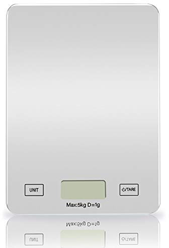 Digital Kitchen Scale Weighing Sclae Food Weighing Electronic Tempered Glass DIY Scales with Large Platform and Backlit LCD, Slim Design, Batteries Included,11lb/5kg (Silver)