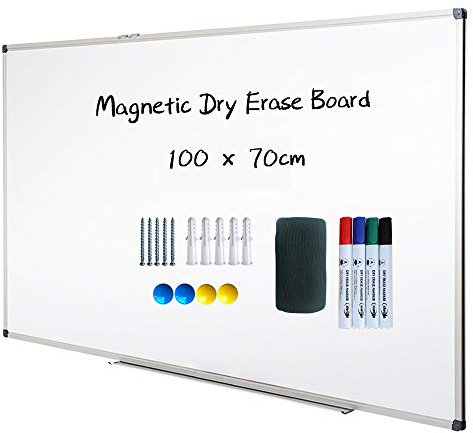 XIWODE Whiteboard, magnetisch, trocken abwischbar, Wandmontage, 100 x 70 cm, leichtes weißes Whiteboard, abwischbar, silberfarbener Aluminiumrahmen mit lackierter Stahloberfläche