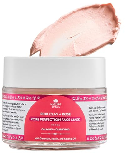 Nature Spell Pink Clay Face Mask with Rose Water, Pore Minimising & Clarifying Mask with Calamine & Rosehip Oil, Helps Absorb Excess Oil, Refine Skin Texture & Control Shine, Vegan Skincare, 100 ml