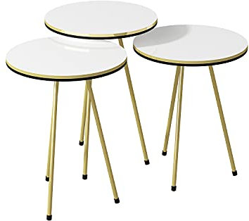 moebel17 6306 Beistelltisch 3er Set rund ? Satztisch Kaffeetisch Metallgestell, Wohnzimmertisch Kaffee Deko Tisch, Weiß, vergoldet, 38 cm Durchmesser, Höhe 46, 49 und 52 cm 21746306
