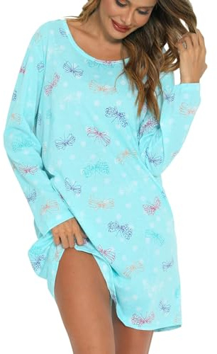 ENJOYNIGHT - Camisa de noche para mujer, manga larga, algodón, vestido de noche impreso, ropa de dormir, mariposa azul, XL