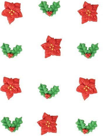 Cullpitt Lot de 12 décorations comestibles pour gâteaux de Noël en sucre de houx Poinsettia 25 mm