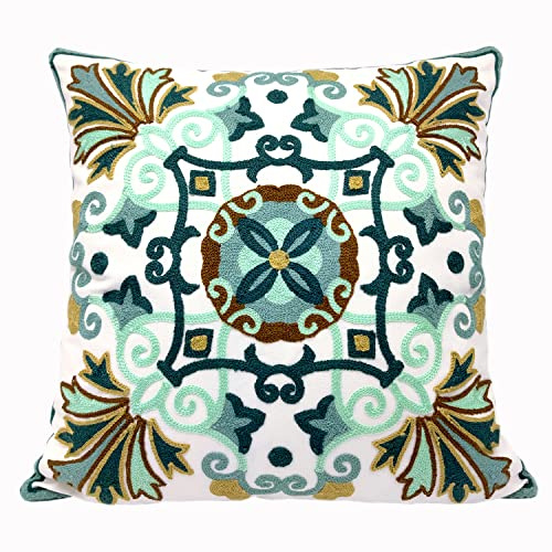 Alysheer Housse de coussin décorative avec broderie florale 45,7 x 45,7 cm, motif bohème vintage de fermette et de chaumière en tricot, 100% coton pour canapé, salon (vert sarcelle aquatique)
