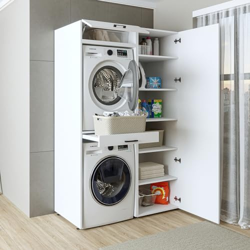 ROOMART, Armoire murale séchoir sur machine à laver, 127 cm de large, tour de lavage, étagère pour machine à laver (5 étagères, blanc)