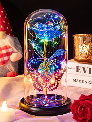 Mothers Day Mom Gifts from Daughter Galaxy Glass Rose Flower Birthday Gift for Women Forever Eternal Crystal Light Up Rose in Glass Dome with Butterfly Grandma Sister Best Mother Day Presents Blue