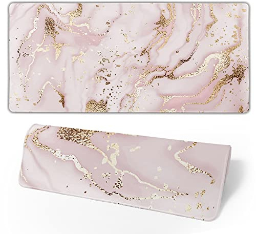 Marmor Mauspad Rose Gold Groß Gaming Mauspad Verlängertes Mauspad für Frauen Mädchen mit genähten Kanten Niedlich Rosa Schreibtischzubehör für Home Office 80 x 20 cm, Marmor Rosa