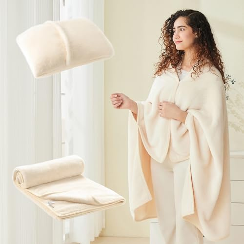 Mellowdy Schaldecke Kissen 2-in-1 für Büro, Arbeit von zu Hause aus (Perled Ivory, Flugzeug Reisedecke Set, Fleece Schulterwickel für Männer und Frauen