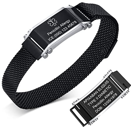 FLHEART Notfallarmband Medizinisches Armband Herren Personalisiert - Edelstahl Einstellbare Mesh Band Gravur Medizinische ID Notfall Armband für Männer, Schwarz Silber Medizinischer SOS Armband