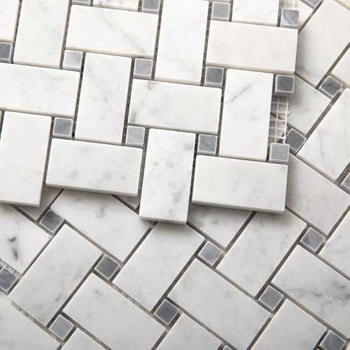 Adolif Carrara Weiße Marmor-Mosaikfliese, 2,5 x 5,1 cm, Korbgeflecht, Marmor-Mosaikfliese für Küche, Badezimmer, Wand, Boden, Spritzwasser, Dusche, 100% natürlicher Marmor, poliert, 5 Blatt