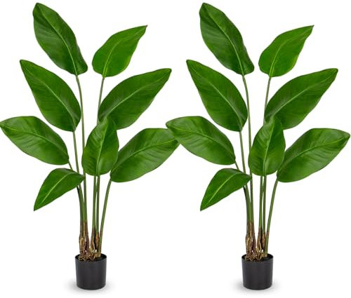 Oairse 2pcs Artificial Bird of Paradise Plant in Pot 4ft/120cm Fake Tropical Palm Tree with 8 Leaves, Large Faux Plantain Banana Leaf for Indoor Outdoor House Home Office Balcony Decoration
