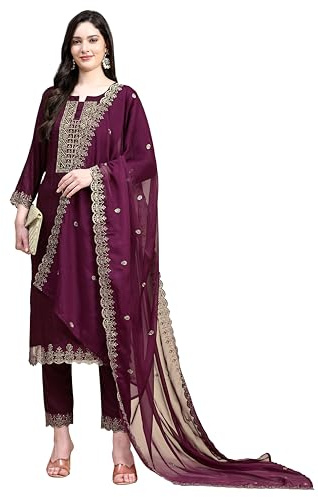 TRENDMALLS Women's Cotton Embroidery Salwar Suit Set Kurta Pant with Dupatta (G148-Purple-M)