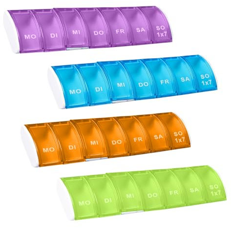 TERJBG 4 Stück Tablettenbox 7 Tage Pillendose 7 Tage, Tablettenteiler Medikamenten Aufbewahrung Wochendispenser 7 Tage, Pillendose Klein Für Unterwegs Medikamentenbox Aufbewahrung