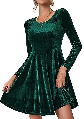 Zeagoo Sammetsklänning för kvinnor, långärmad aftonklänning, julklänning, rund hals, festklänning, festliga klänningar, knälång vinterklänning, cocktailklänning, Mörkgrön, XS