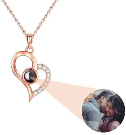 AVINVAN Photo Necklace 925 Sterling Silver Personalised Projection Necklace with Picture Inside Charm Customised Jewellery Pendant Present for Women Mum Girls Wife Birthday (Heart03-rose gold)
