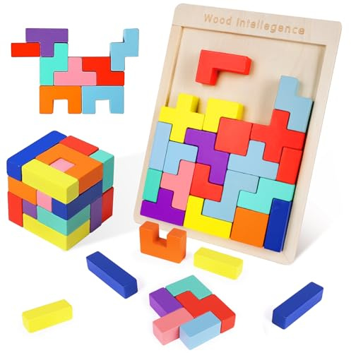 Ainiv Colorful 3D Russian Blocks Game, Trä Tangram Jigsaw, 30PCS Intelligence Puzzle Building Blocks, Wood Puzzle Box Brain Teasers Toy, 3D Block Puzzle Cubes, Educational Toy for Kids Pojkar Flickor