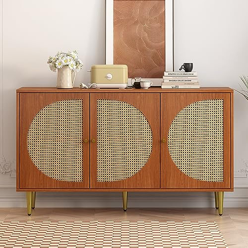 Soweiz Sideboard mit 3 Rattan verzierten Türen Kommode Highboard mit Metallgriffe, für Schlafzimmer Wohnräume Büro, Nussbaum 129.8x40x76cm (Walnuss)