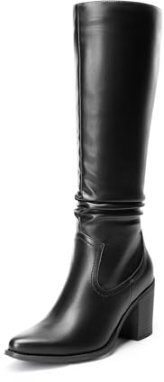 DREAM PAIRS Women's Knee-High Boots, Comfortable Chunky Block Heel Pointed Toe Pull On Side Zipper Suede Slouch Riding Boots SDKB2403W,Size 7,Black-Pu,SDKB2403W