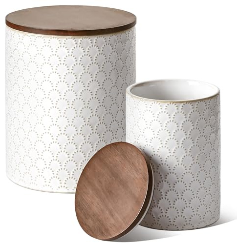 LE TAUCI Matförvaringsbehållare med lufttäta lock, 78/25 oz keramiska sockerbehållare set, präglade stora burkar för pasta, havre, kaffebönor, kakor, ris, spannmål, te – set med 2, fyrverkerier