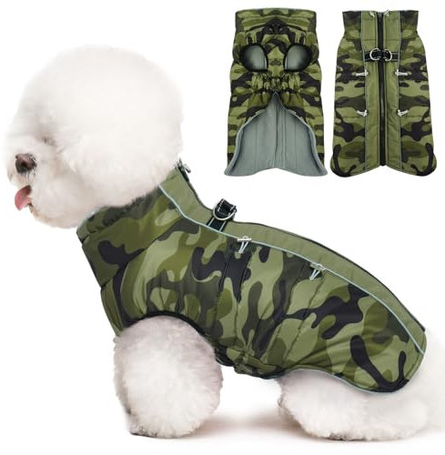 Katzinst Hunde Wintermantel Wasserbeständig, Verstellbarer Halsausschnitt, Hundemantel mit Geschirr und Durch Verstellbare Gummizüge, Hundebekleidung für Mittlere Hunde, Beagle, Armee-Grün, M