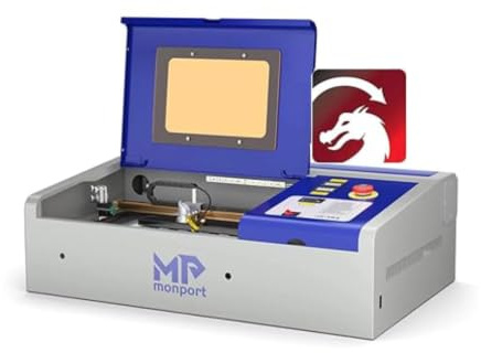 Monport 40W CO2 Laser Graviermaschine mit LightBurn, 300x200mm Kommerzieller Lasergravierer mit Luftunterstützung Duales Arbeitsbett, Lasercutter für Metall, Holz, Kunststoff, Leder